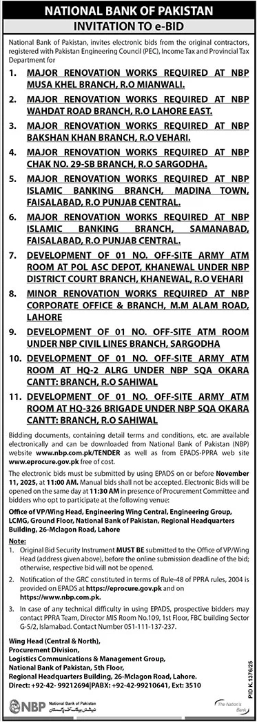 National Bank of Pakistan Lahore Tender Notice